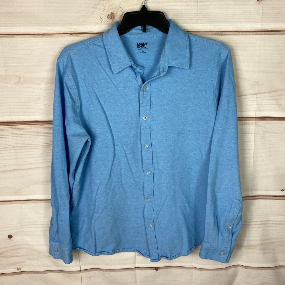 Lands End Shirt‎ Mens L Blue Button Up Traditional Fit Knit Collar Long Sleeve